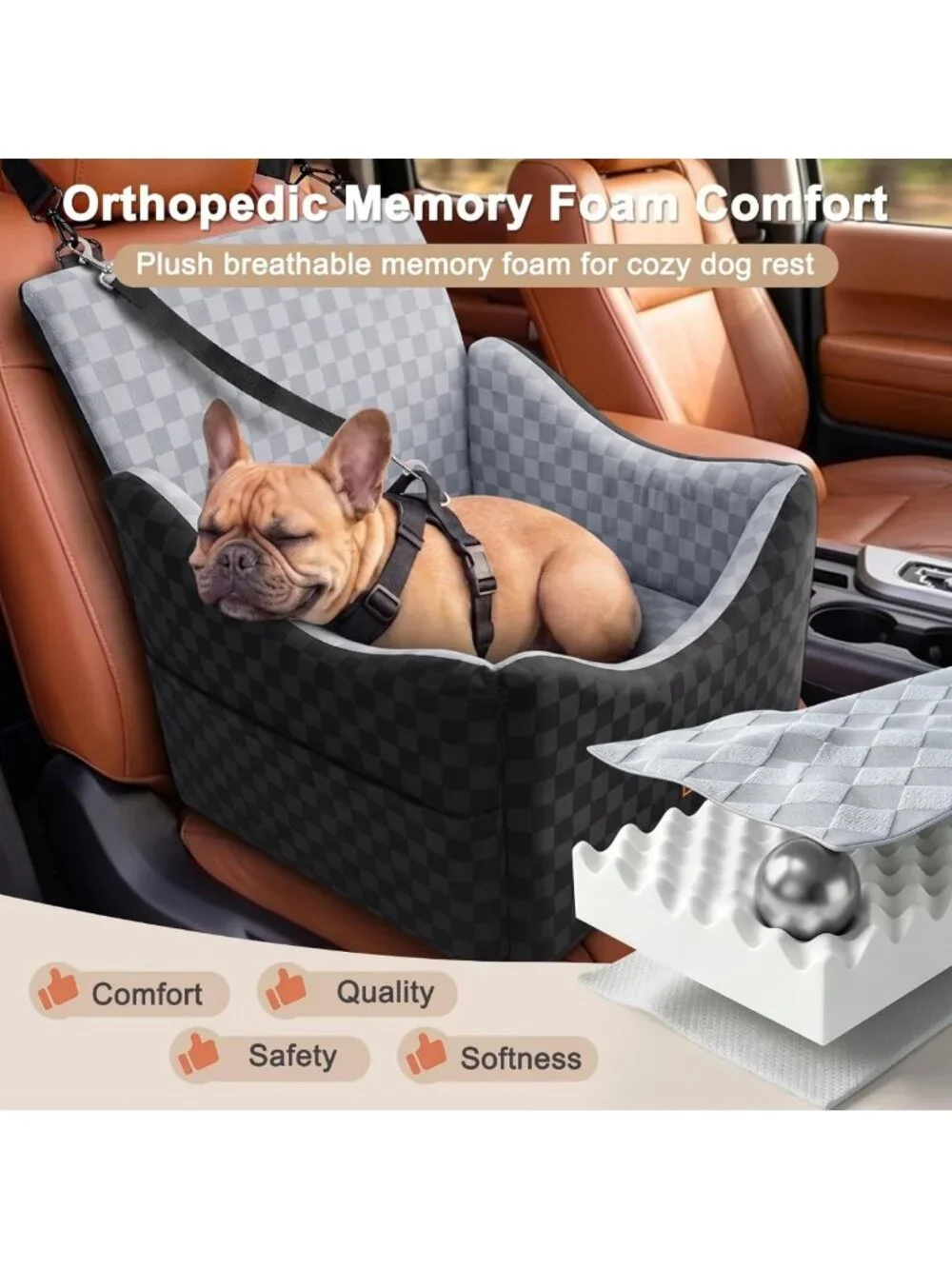 Elevated Dog Car Seat for Small/Medium Dogs, Memory Foam Booster, Washable
